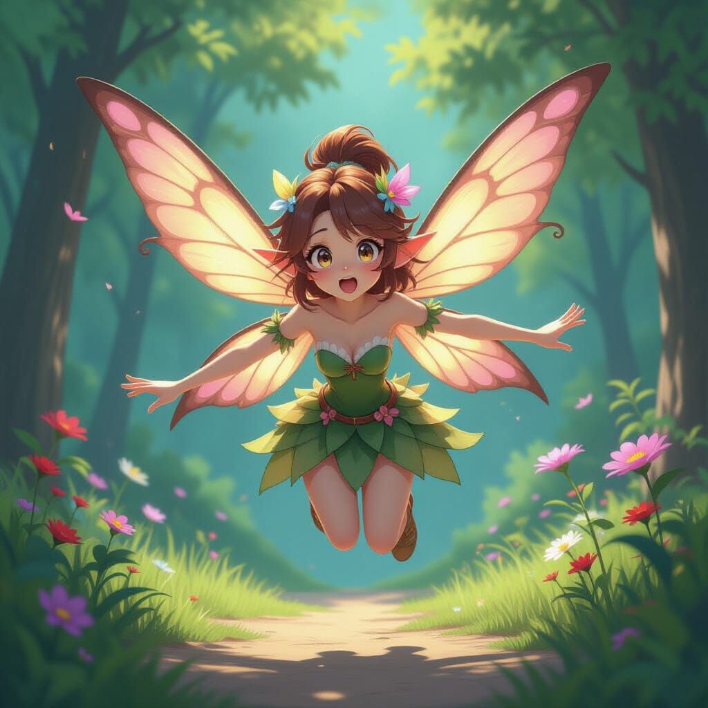 Clumsy Fairy Falling with Crooked Wings in Vibrant Anime Sty...