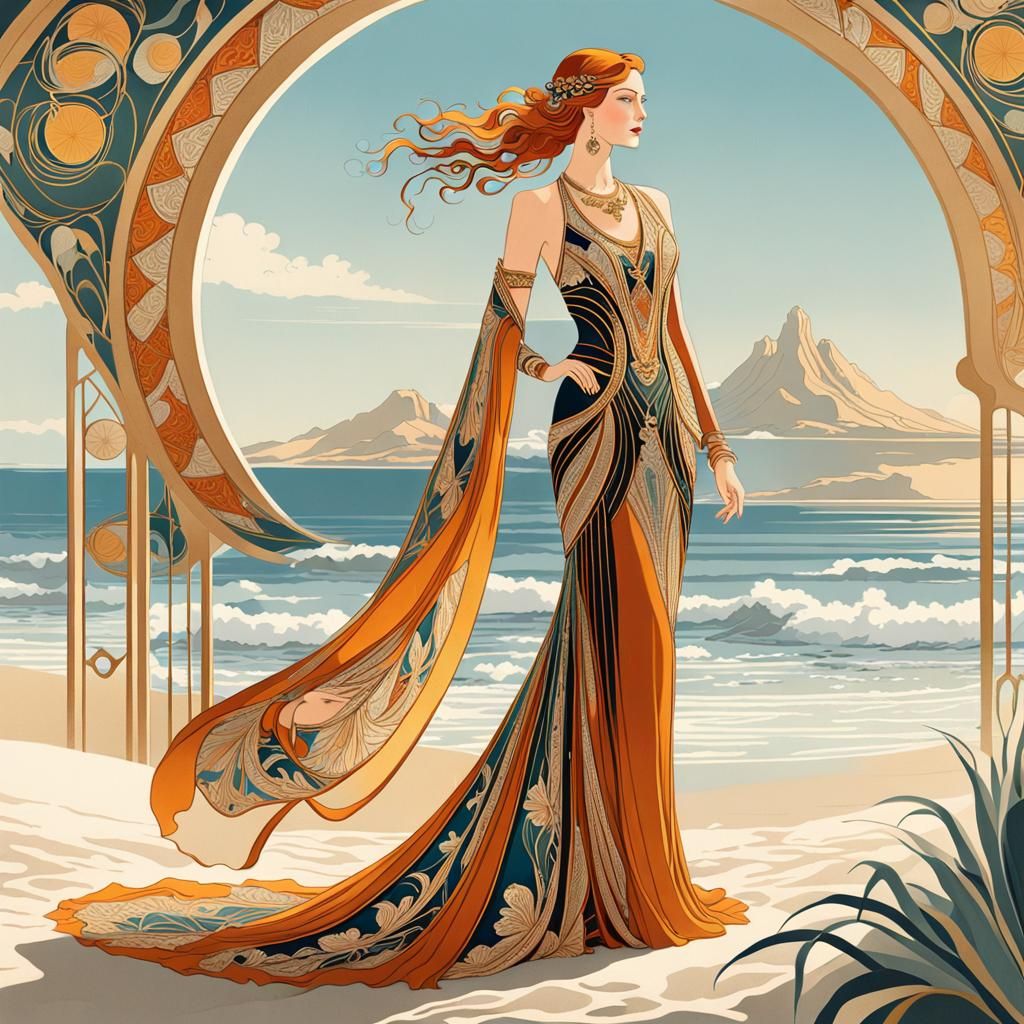 Art deco beach scene during sunset