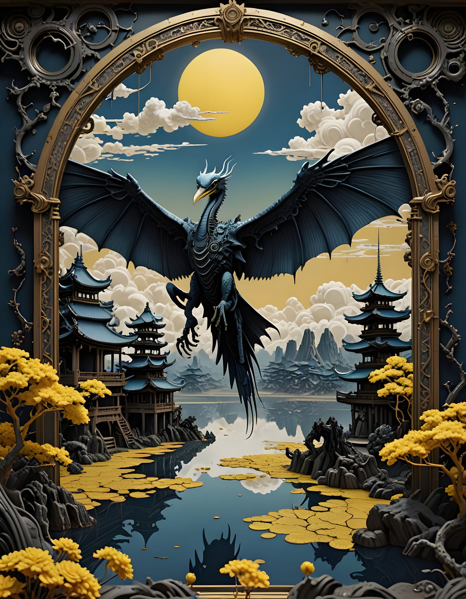 Pterodactyl Shadow on Japanese Scroll in Ukiyo-e Style