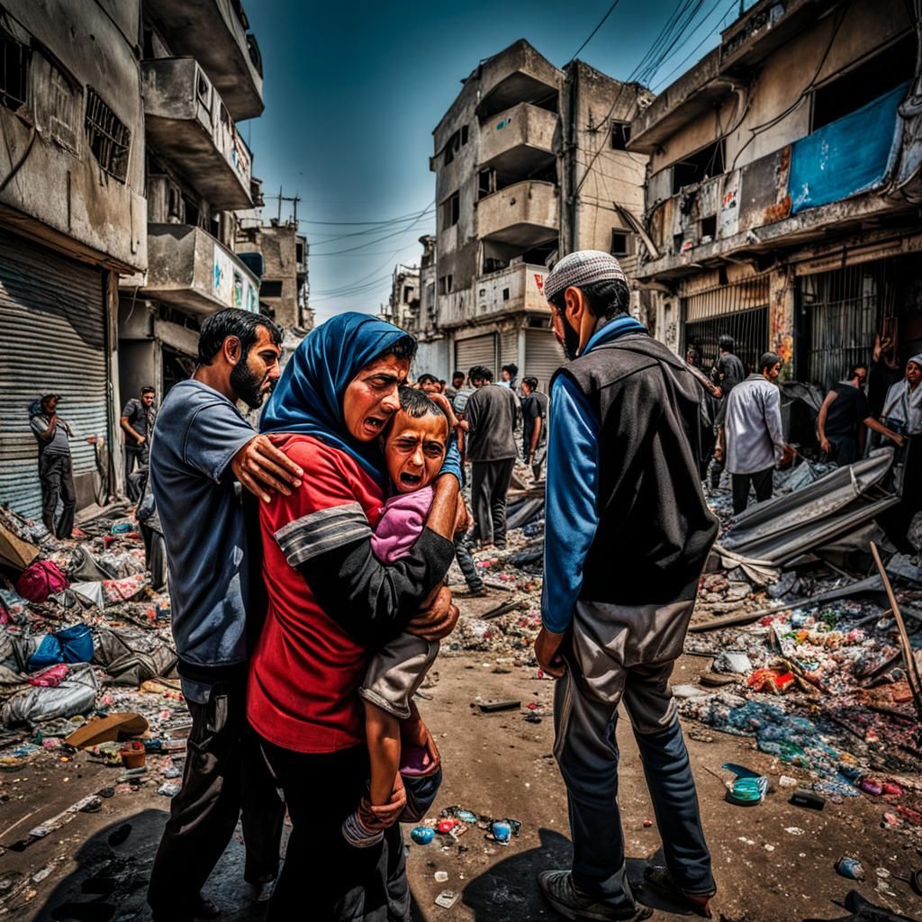 Gaza: Mourning Amidst Destruction in Street Art Style