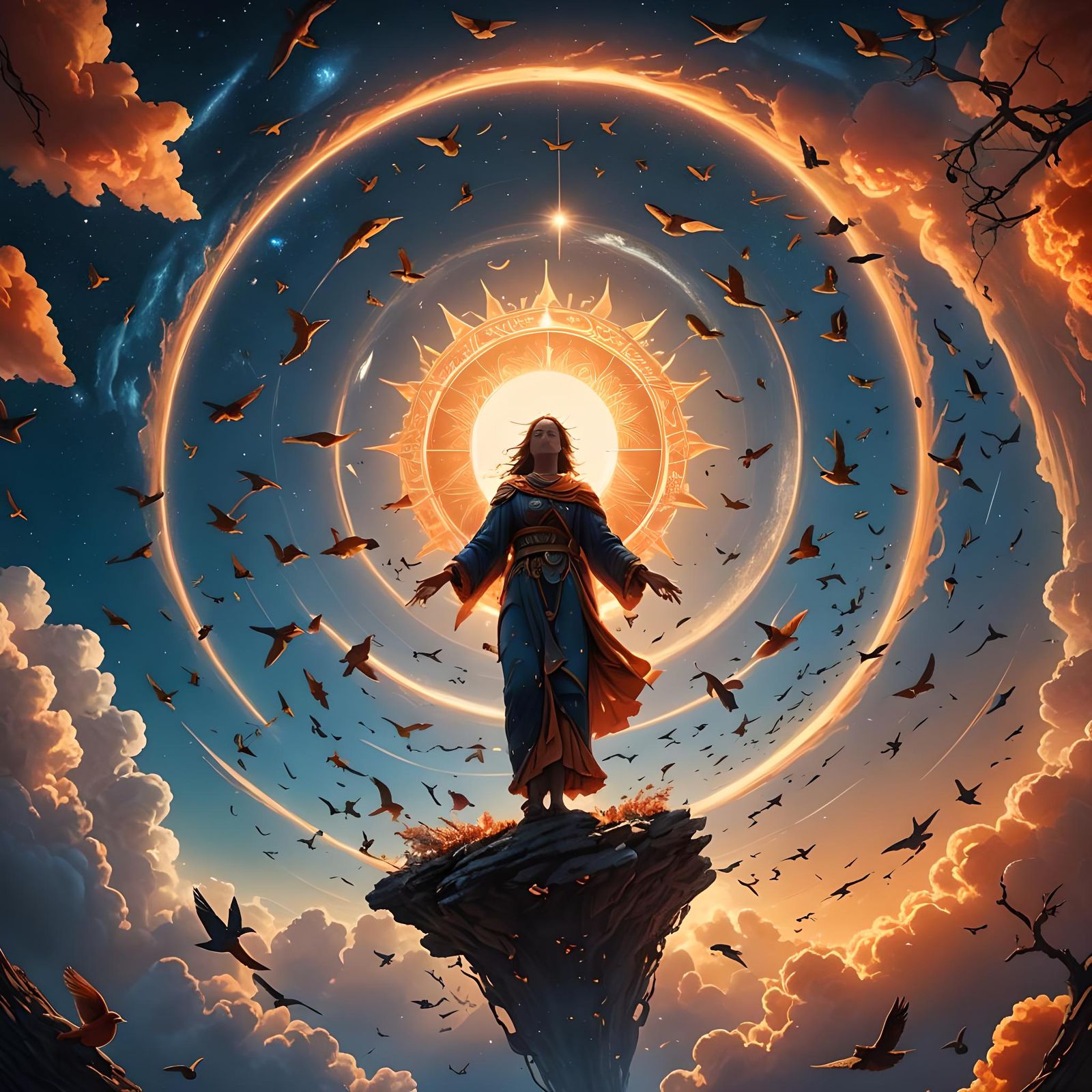 Serene Space Scene with Birds at Sunrise