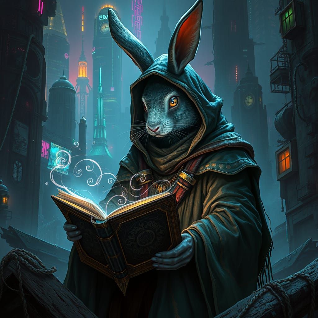 Rabbit Sorcerer in Cyberpunk Fantasy Setting