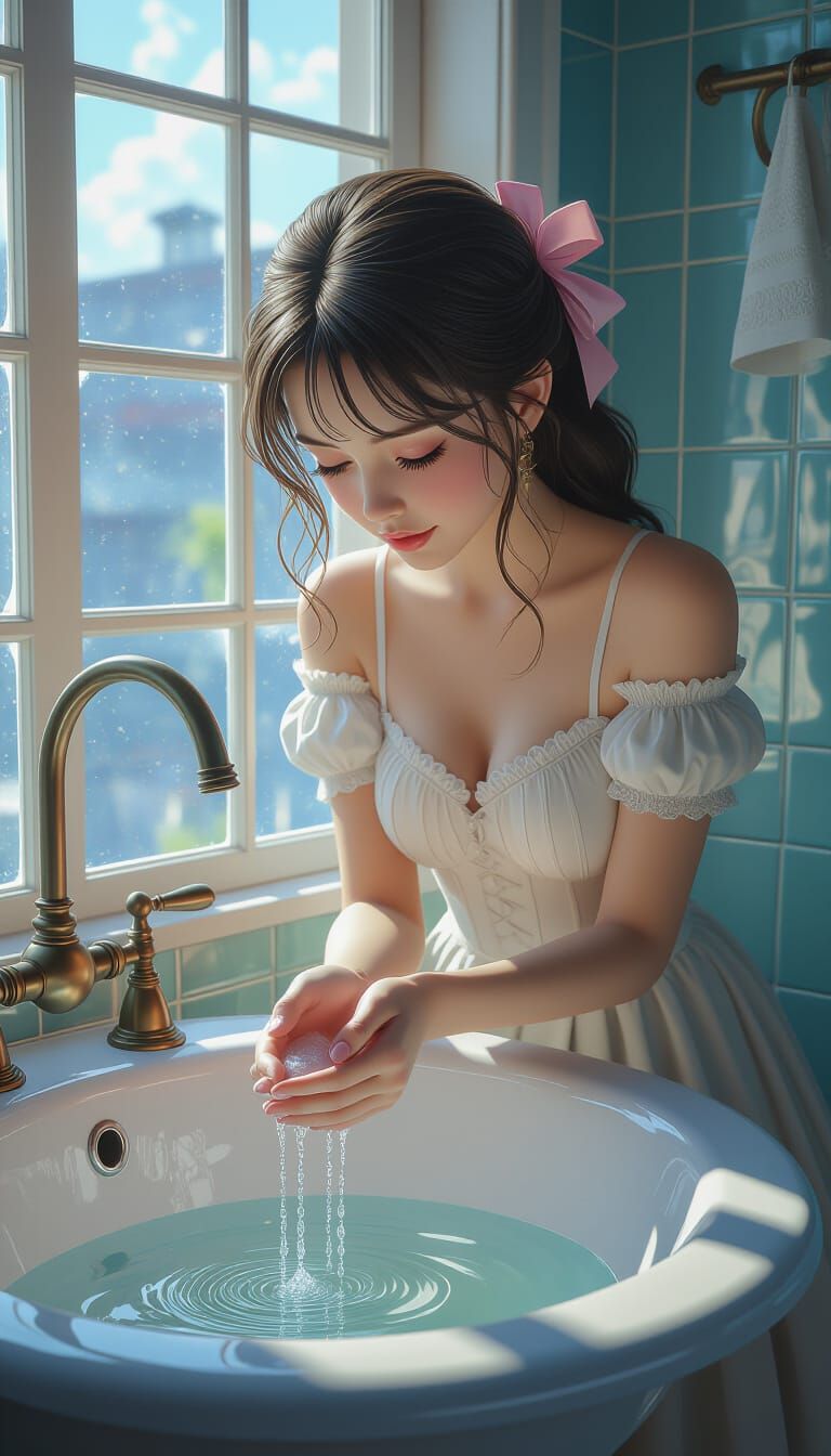 Supercute Girl Washing Hands: Detailed Matte Painting