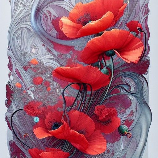 Glassy Liquid Red Poppies: Inked Art