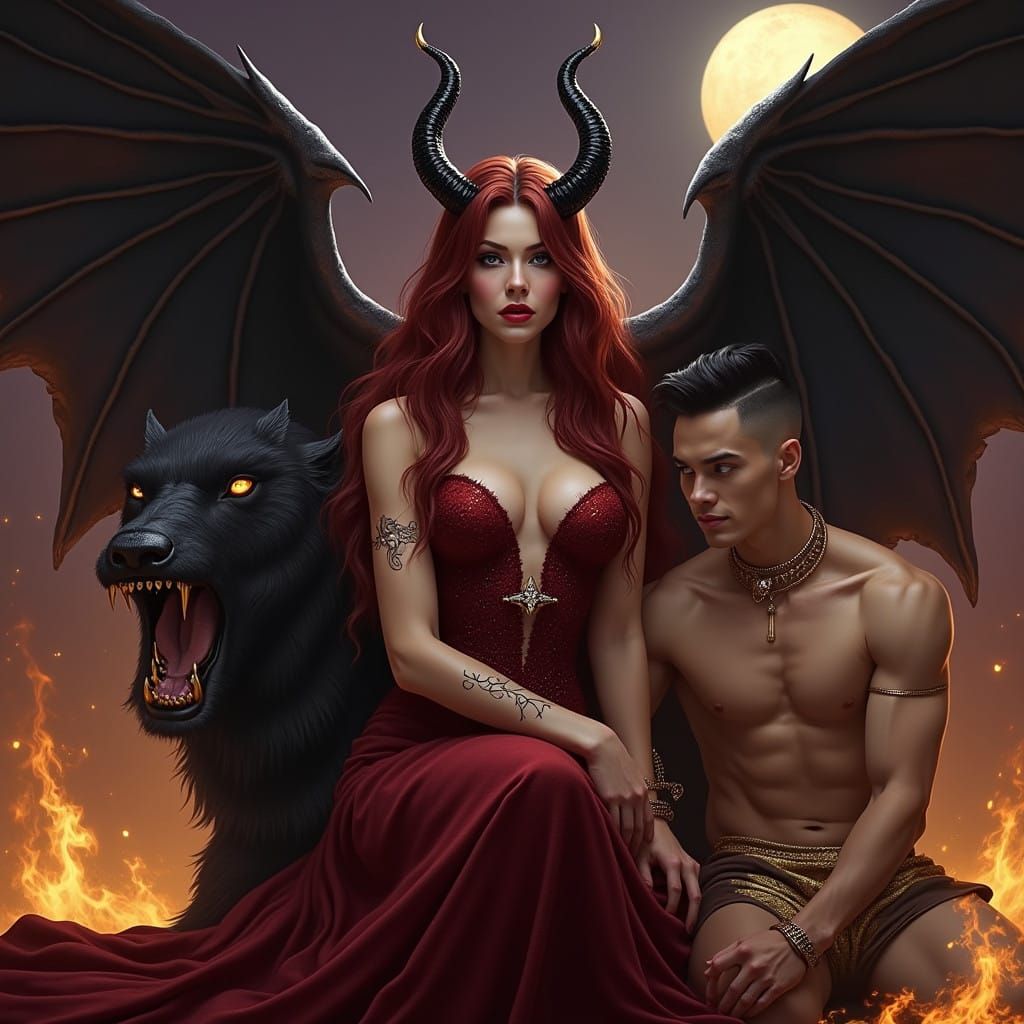 Dark Fantasy Queen with Crimson Hair and Golden Accents