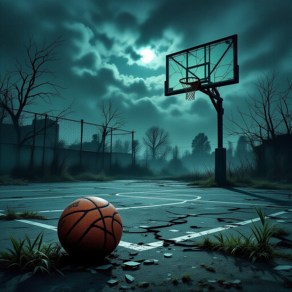 Post-Apocalyptic Basketball Court in Eerie Atmosphere