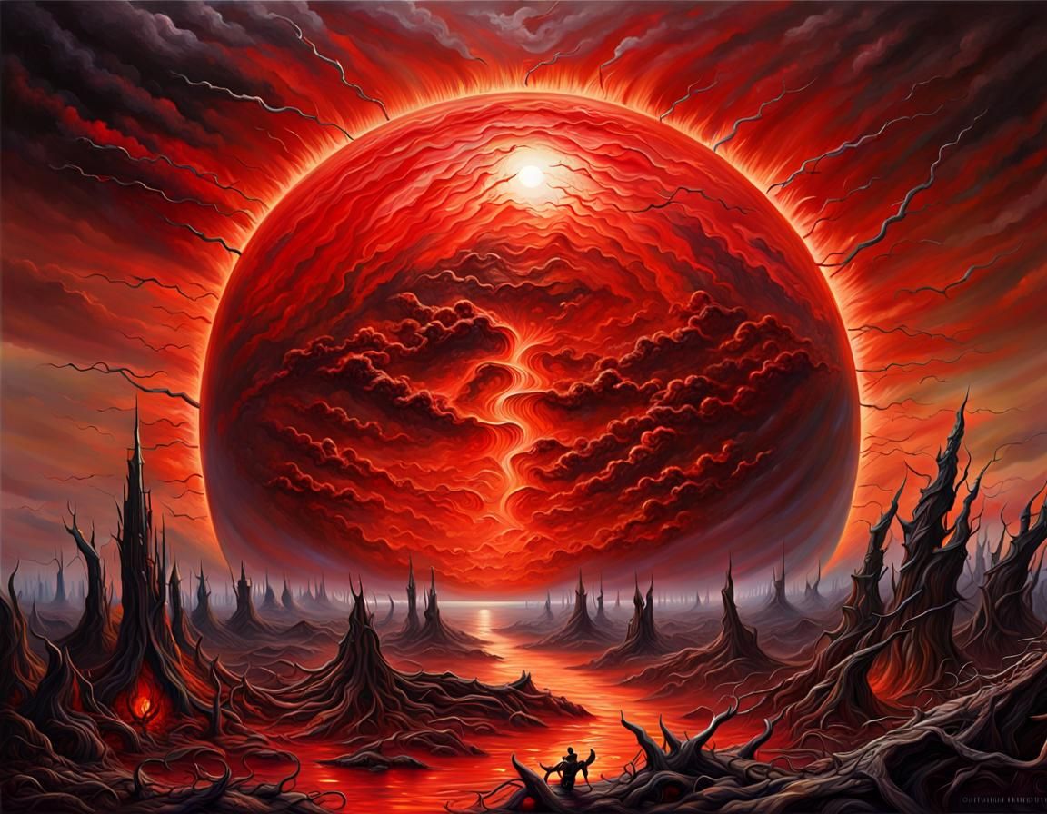 Apocalyptic Red Sun Over Destroyed Earth: Dark Fantasy Art