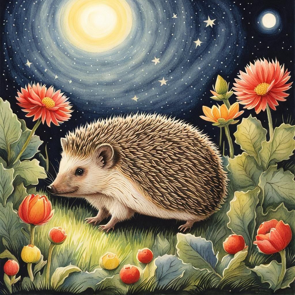 Hedgehog in Night Garden: Crayon Storybook Illustration