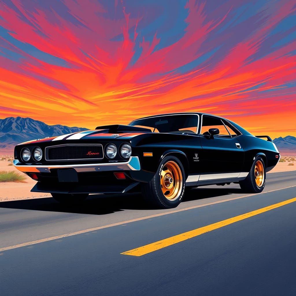 1970 Muscle Car on Desert Road Abstract Style