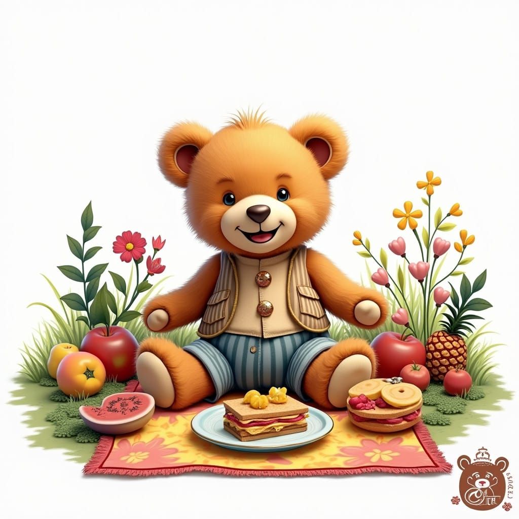 Whimsical Teddy Bear Enjoying a Delightful Picnic on a Colou...
