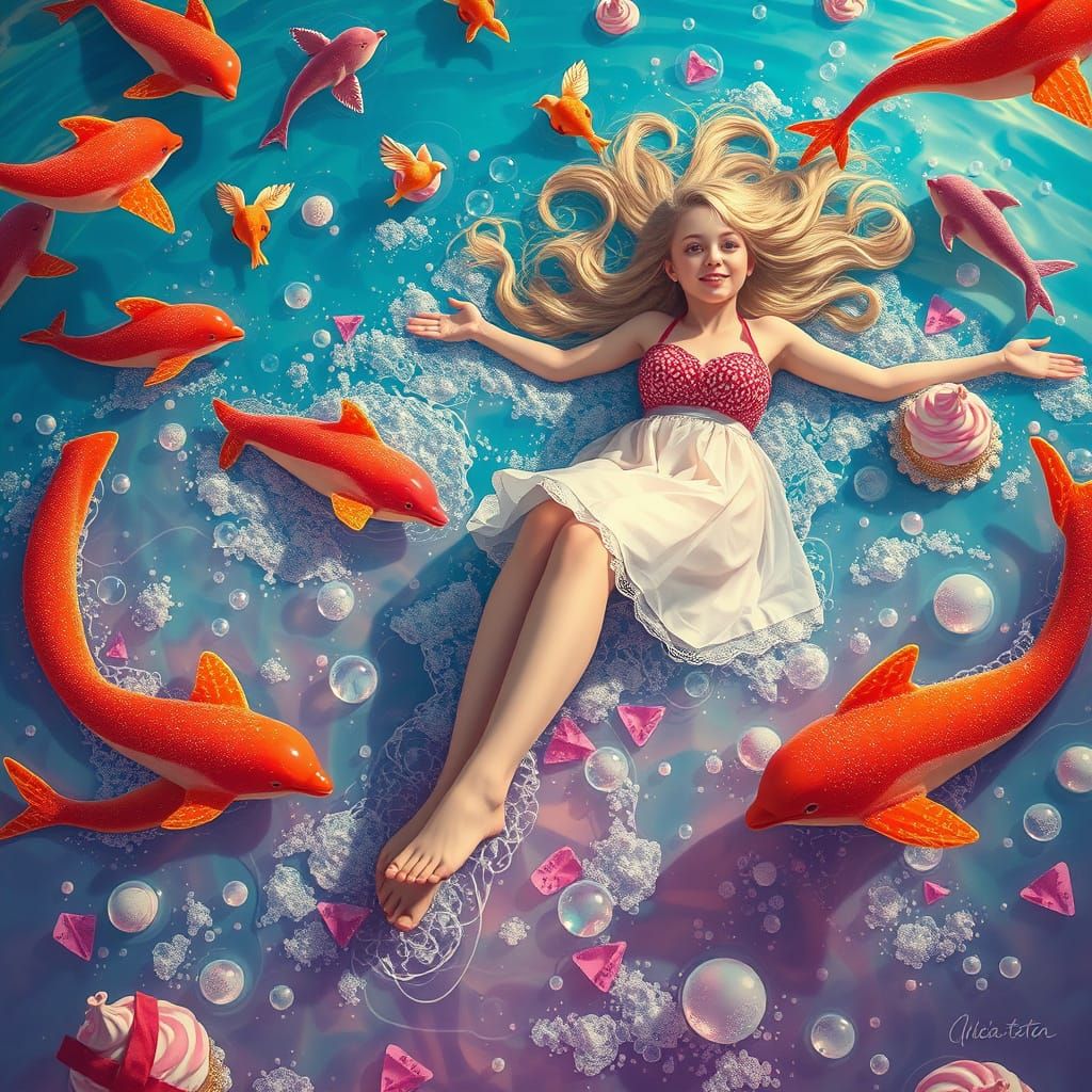 Dreamlike Soda Sea with Gummy Dolphins in Lowbrow Art