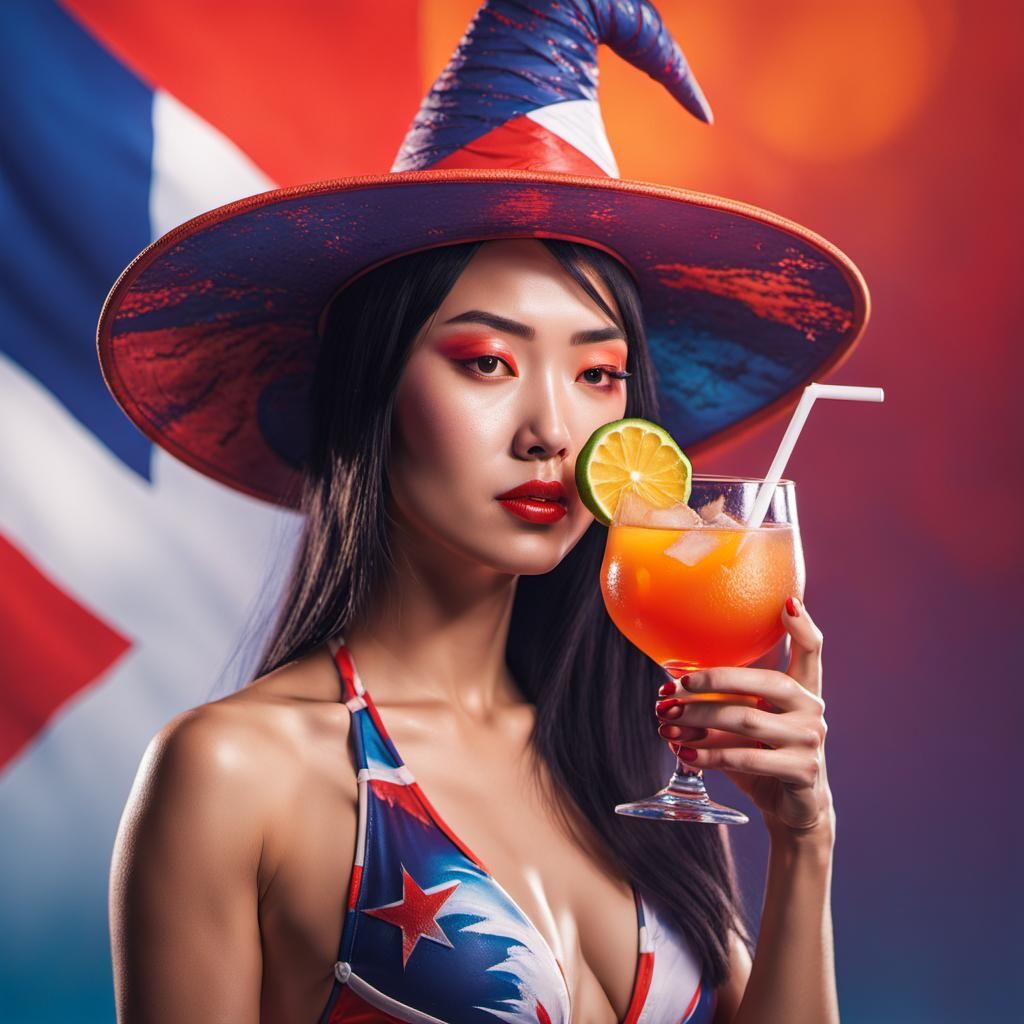 Asian Woman in Witch Hat Drinks Cocktail