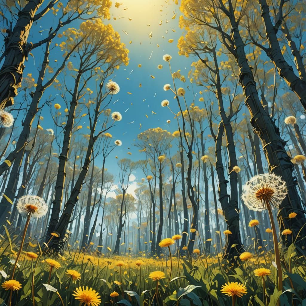 Dandelion Forest Swaying in Sunlight: Fantasy Landscape