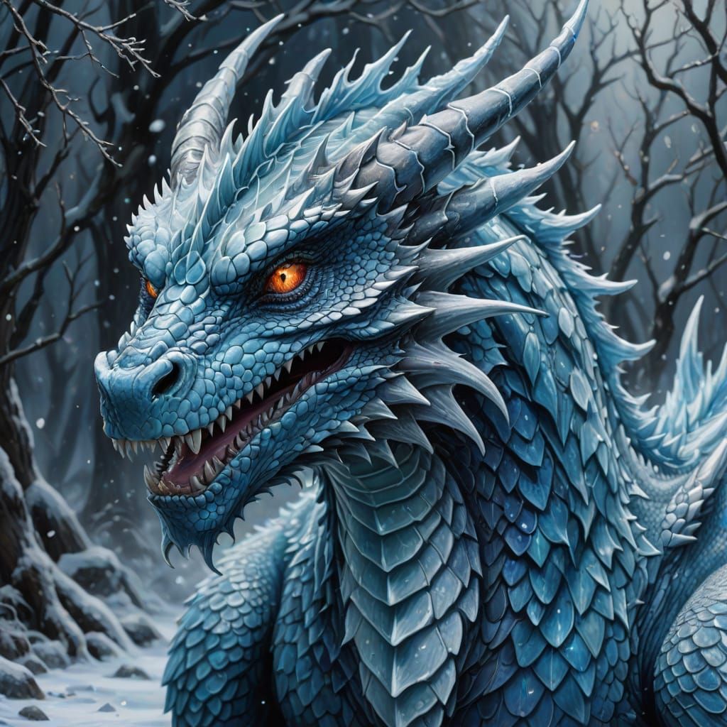 Icy Winter Dragon Portrait in Digital Oil Painting