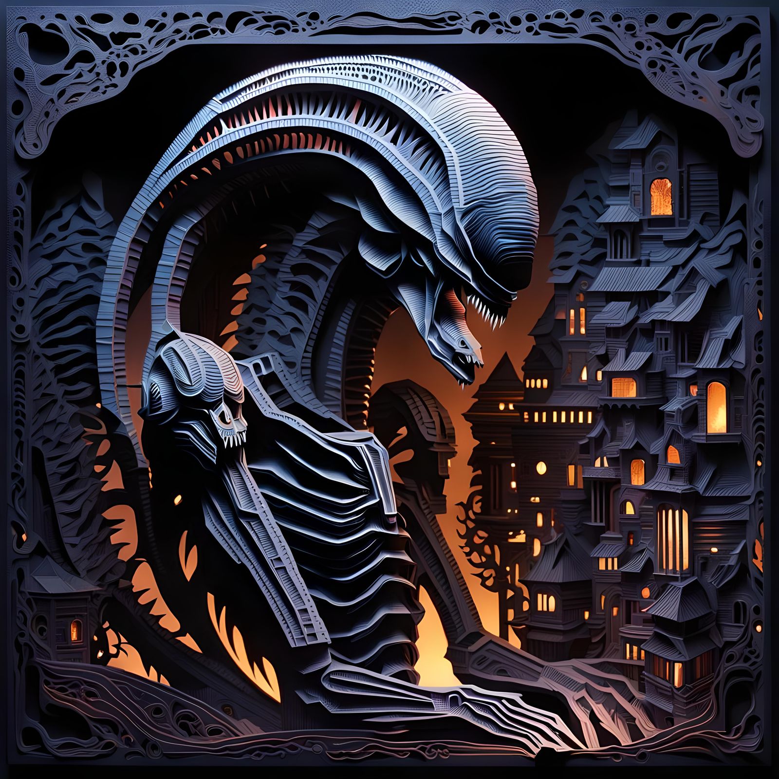 Giger Xenomorph Paper Mosaic in Twilight