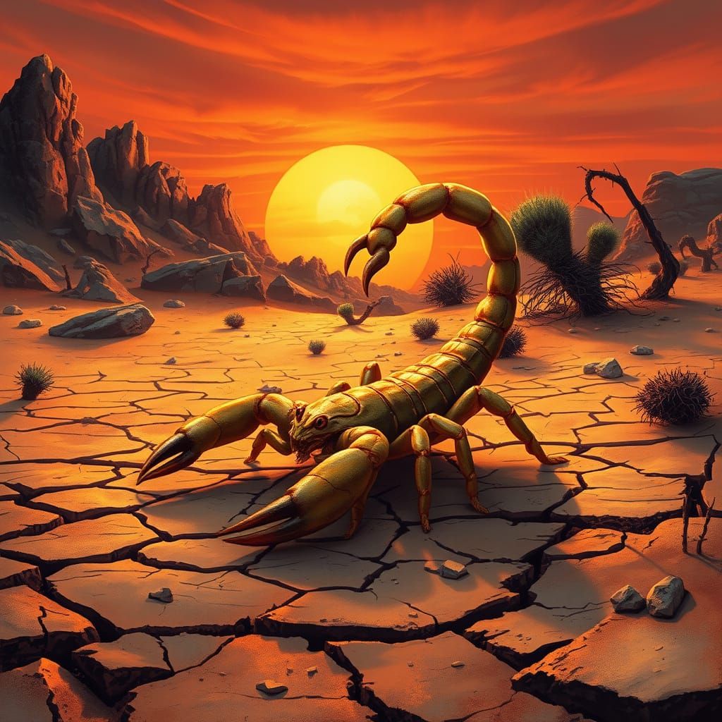 Golden Scorpion Emerges from Desert Sunset