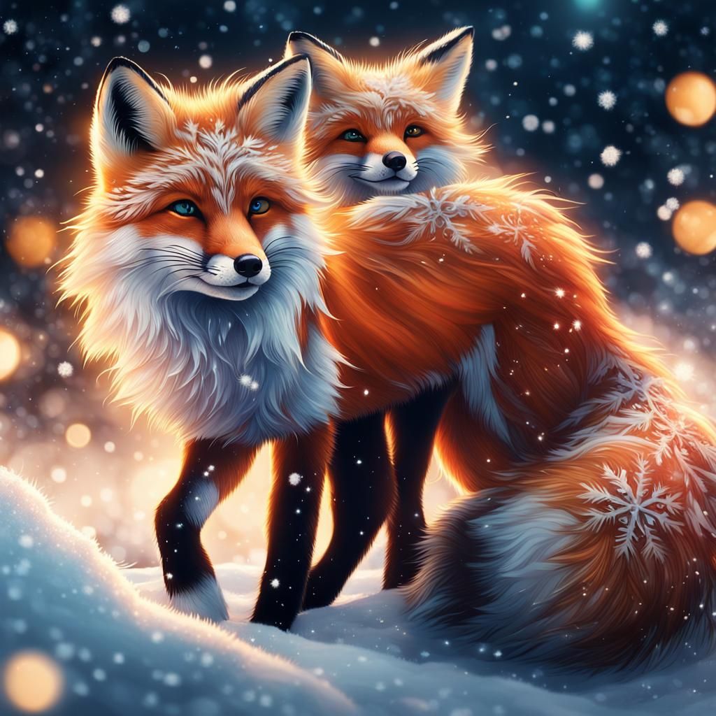 Cute Fox Playing in Shimmering Snow: Conceptual Art