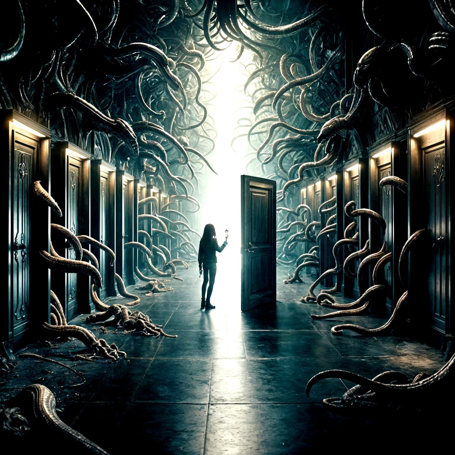 Hallway of Doors with Keeper in Cinematic Style
