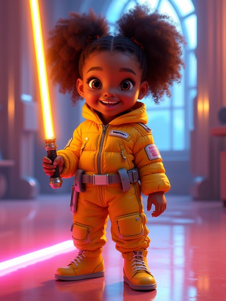 Surreal Black Girl Portrait in Bright Futuristic Uniform Hol...