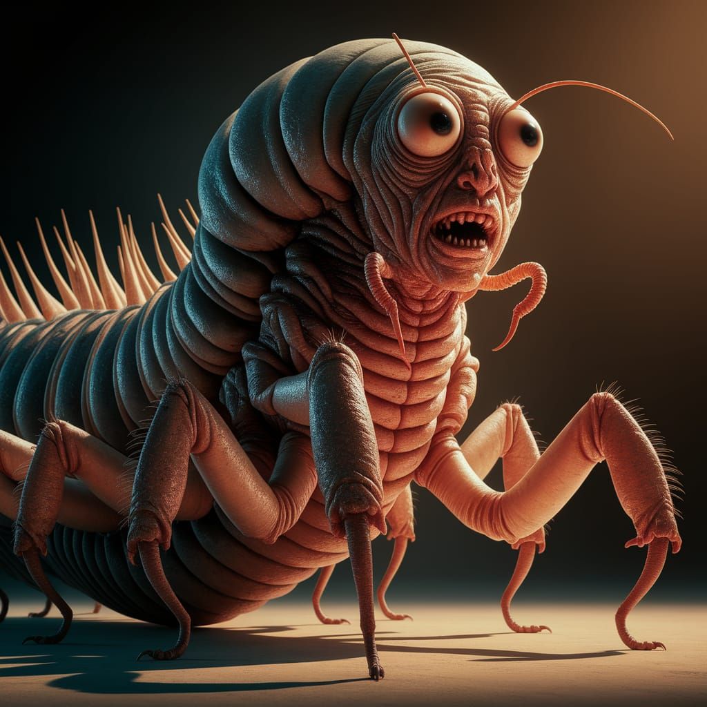 Gigantic Centipede Humanoid Looms in Close-Up Horror Portrai...