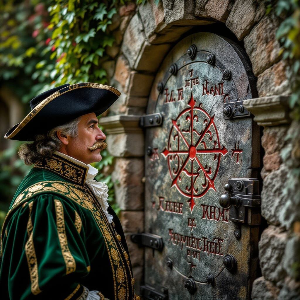 Renaissance Gentleman at Alchemical Door in Abandoned Garden