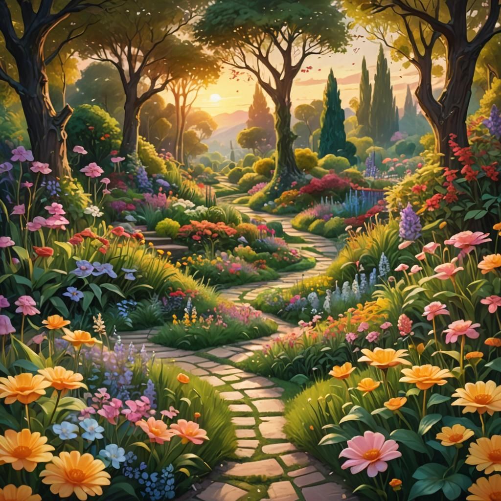 Detailed Flower Garden in Fantasy Oil Painting Style