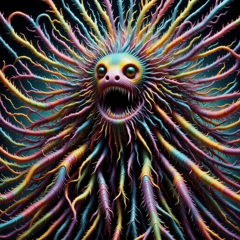 Angry Creepy-Cute Furry Creature with Neon Stripes