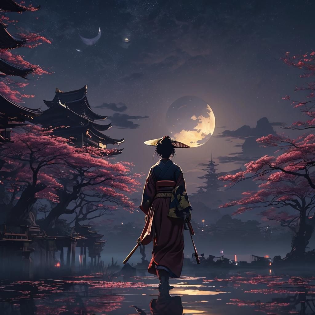 Geisha Ninja Hero Under Gold Moon in Anime Style