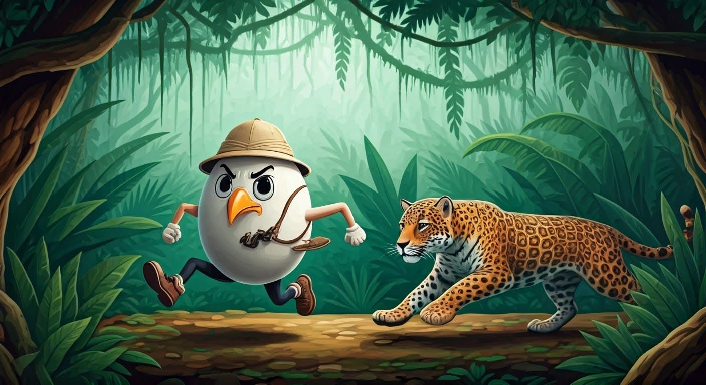 Egg in Pith Helmet Fleeing Jaguar in Jungle Landscape, in Vi...