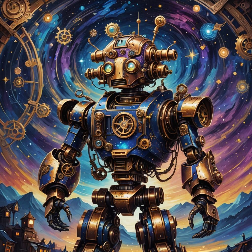 Steampunk Robot Gazing at Starry Night Sky