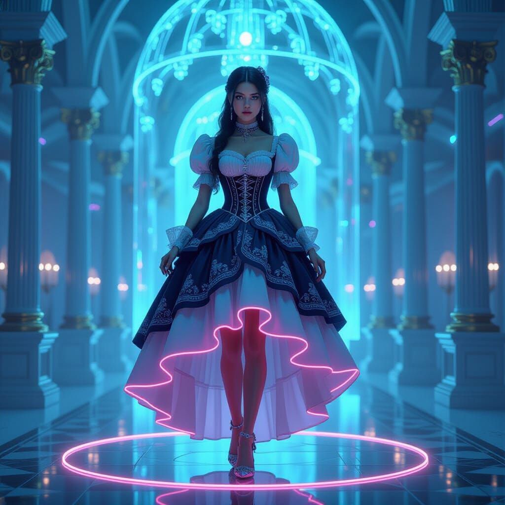 Victorian Woman in Floating Neon Palace