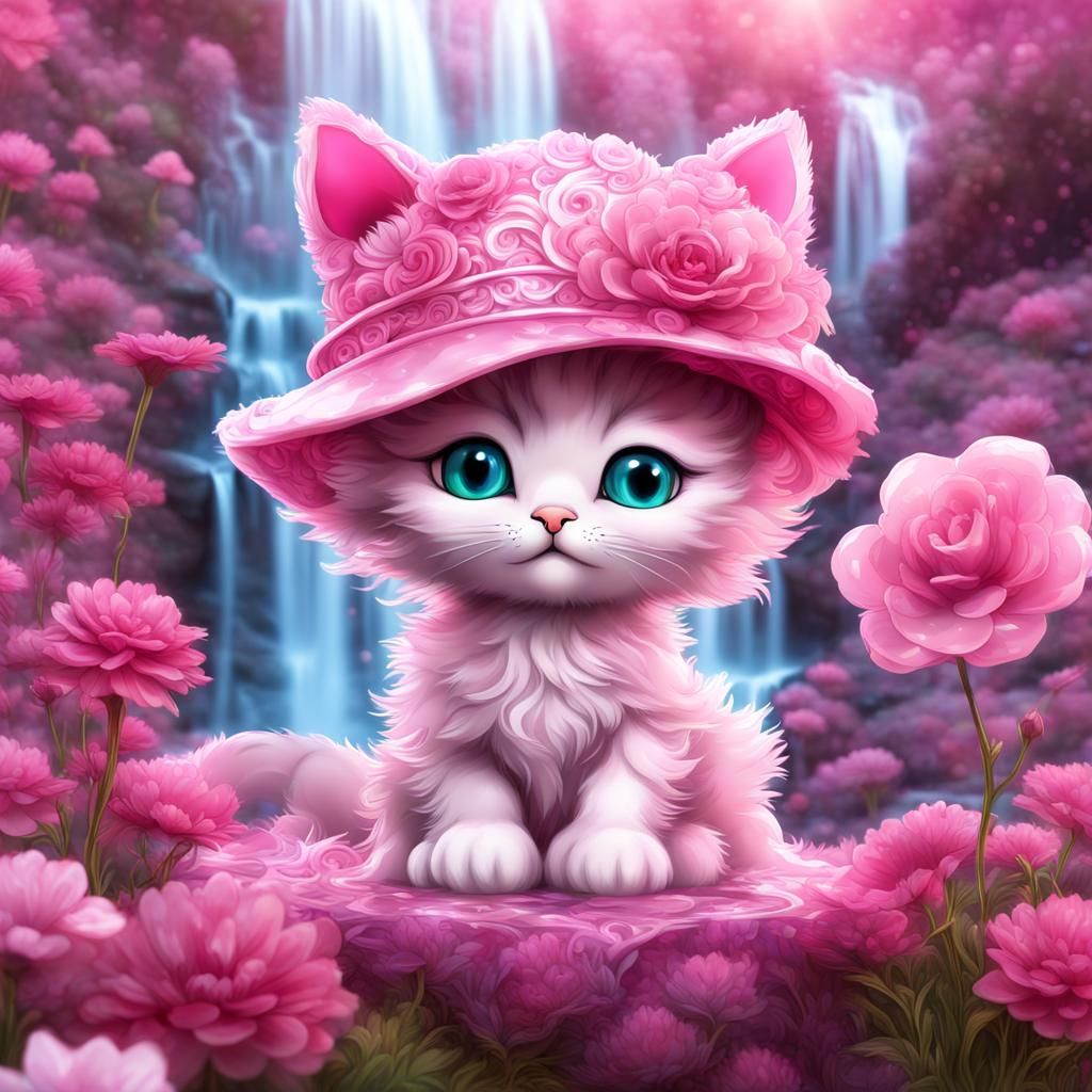 Chibi Kitten in Vibrant Pink Garden Scene