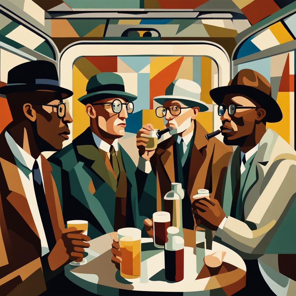 Cubist Train Carriage Scene with Four People