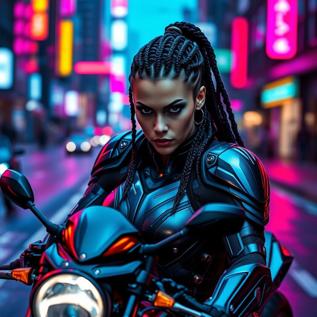 Cyberpunk Woman and Motorcycle at Neon Dusk