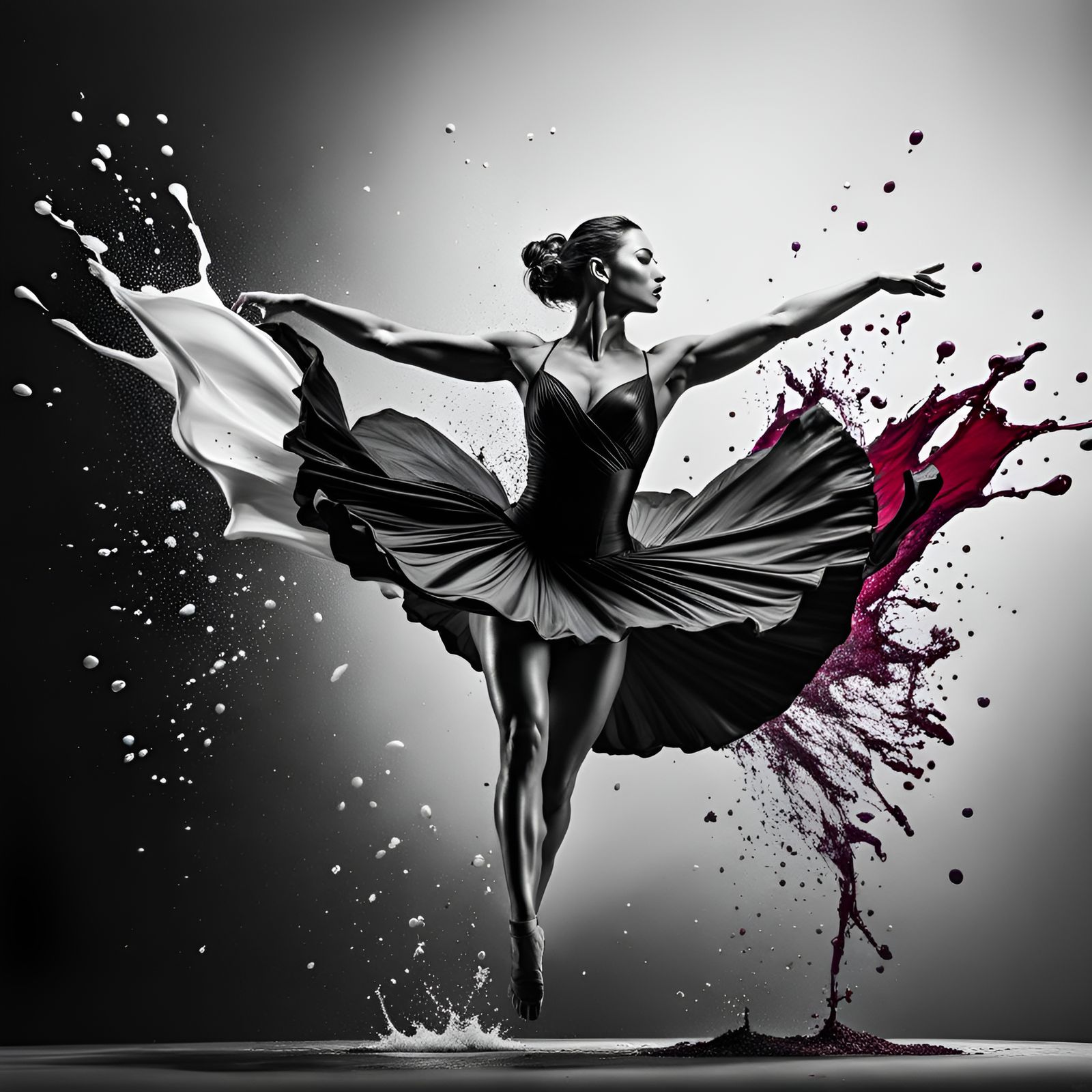 Ballerina Leap with Wine Spill Splatter in Hyperrealism