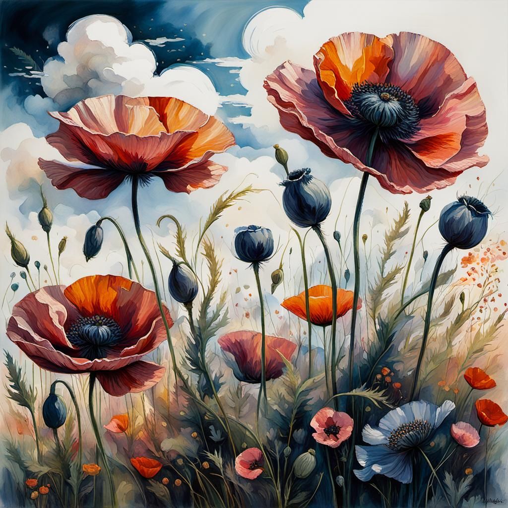 Poppies in Sunlit Meadow: Impressionistic Botanical Art
