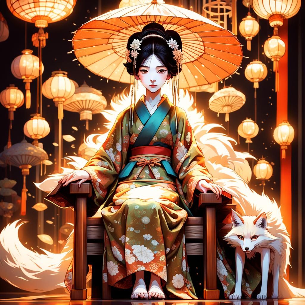Elegant Fox-Spirit Geisha in Art Nouveau Style