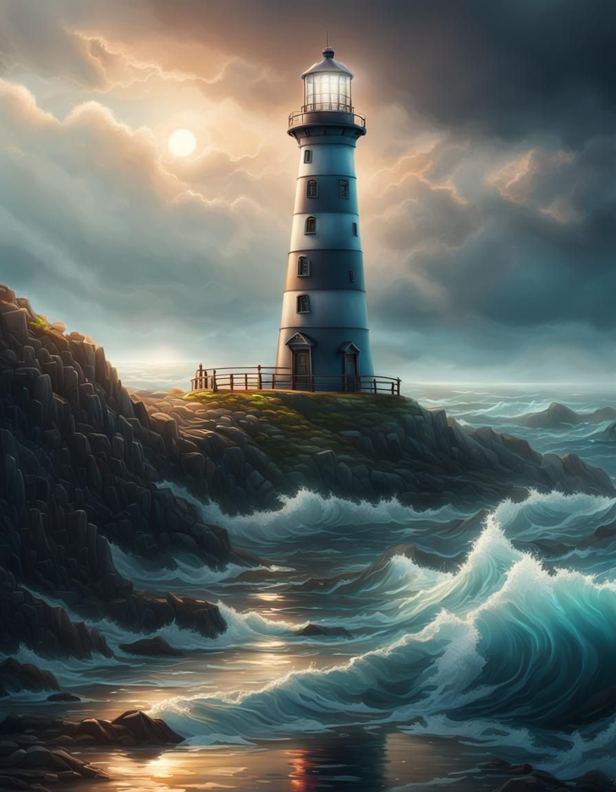 Reflective Glass Lighthouse Overlooks Gloomy Ocean