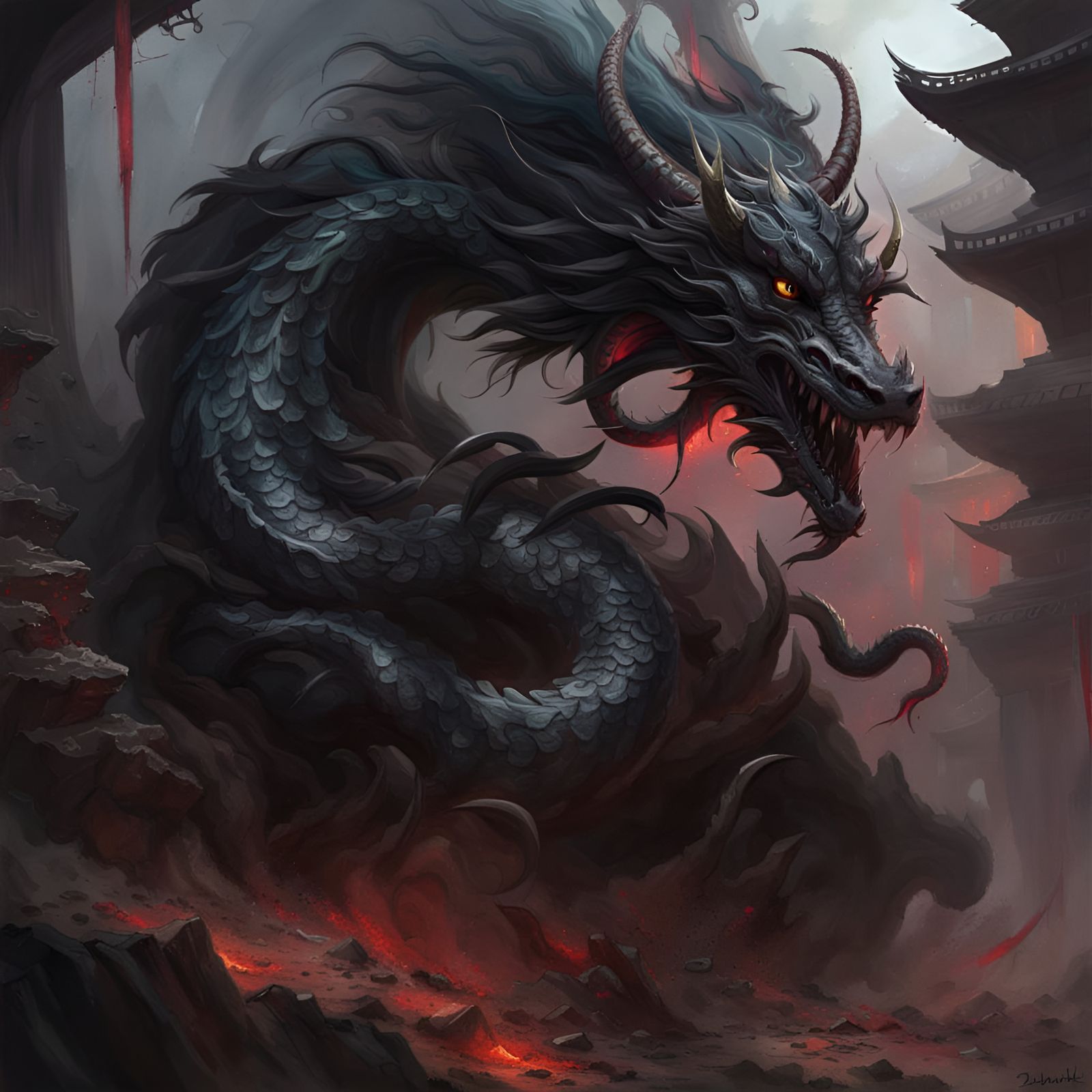 Cursed Dragon in Shadowy Aura: Manga Style Concept