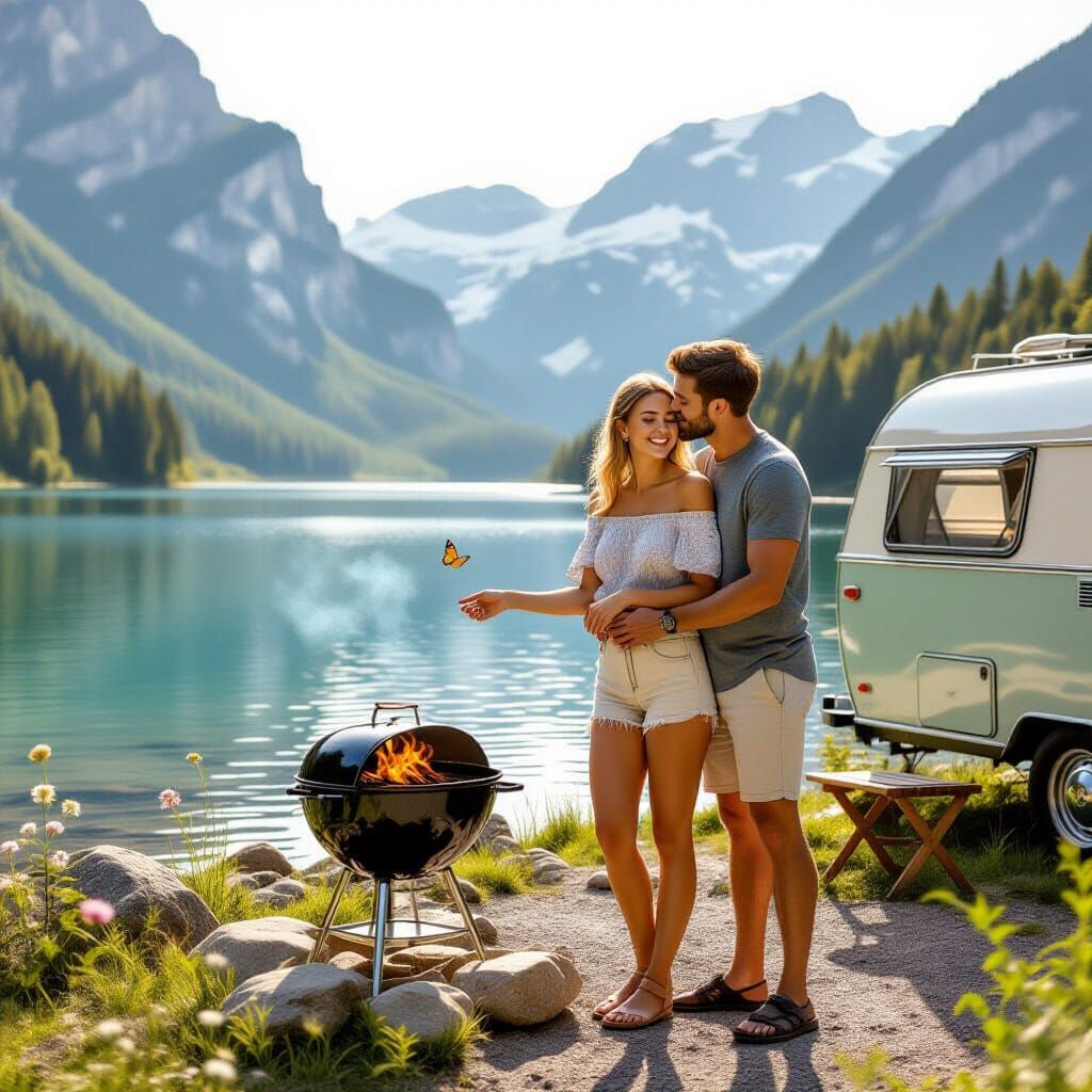 Couple's Lakeside Camping Bliss in Golden Morning Light