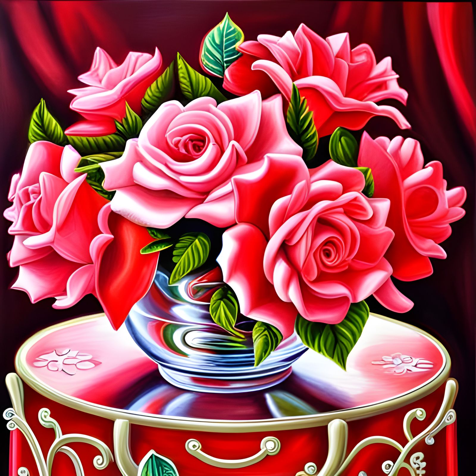 Red and Pink Roses in Crystal Vase Oil Painting