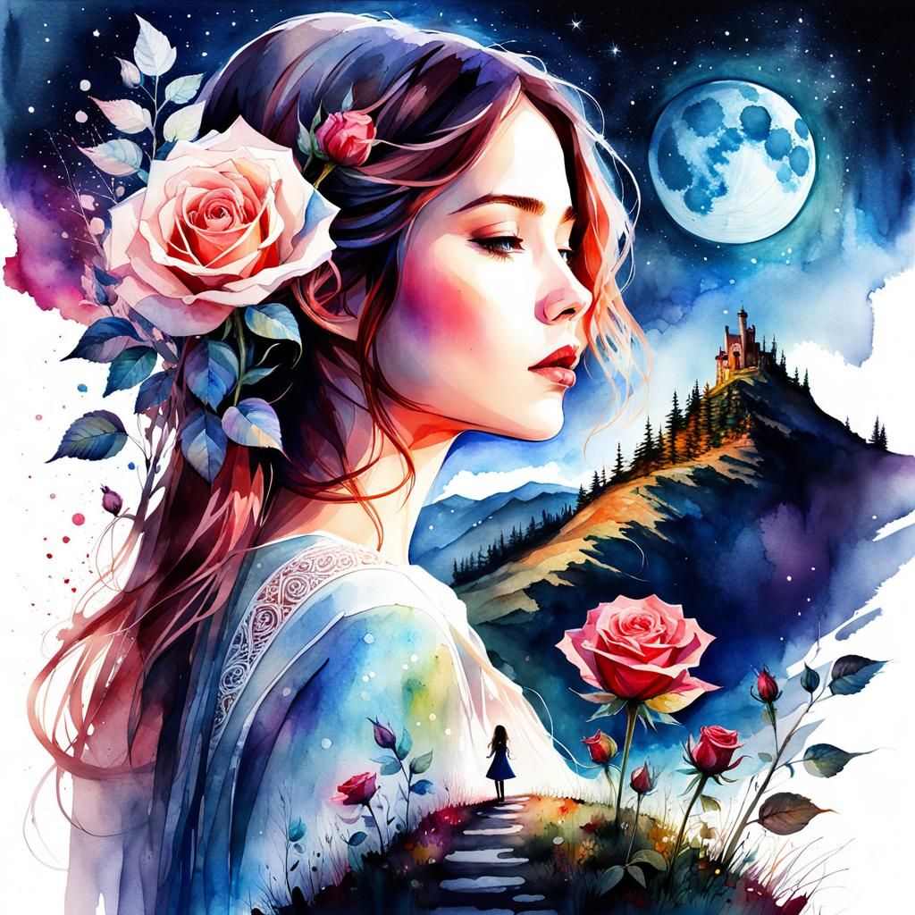 Fantasy Girl with Rose: Watercolor Double Exposure