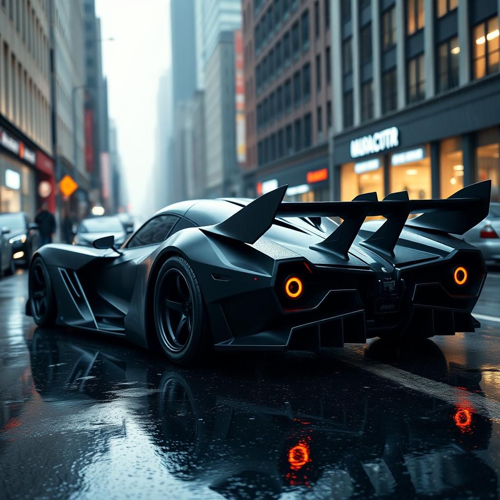 Batmobile-Inspired Supercar on Wet City Street