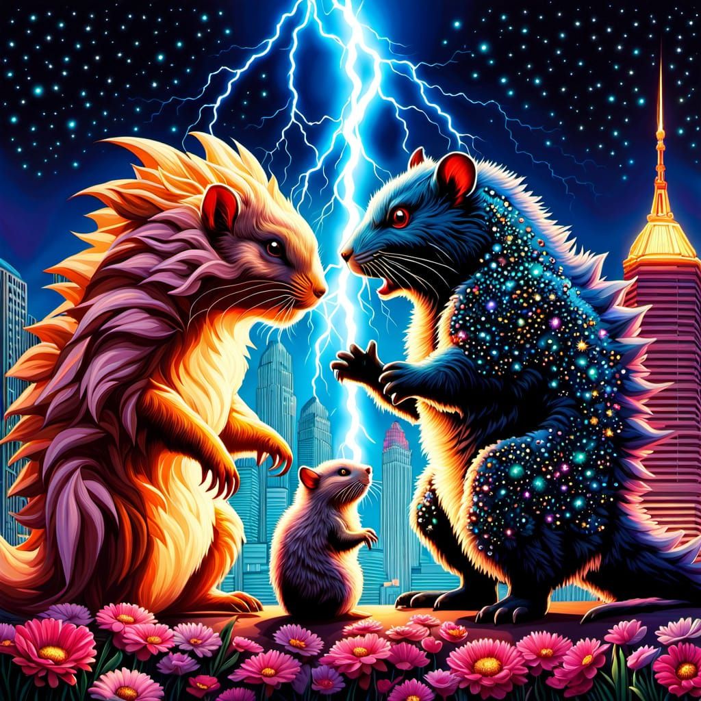 Majestic Hamster Kaiju Battles in Vibrant Cityscape