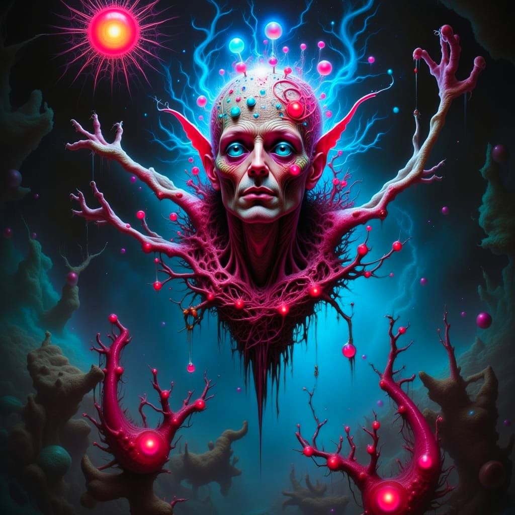 Gothic Hyperrealistic Fantasy Scene in Neon Hues