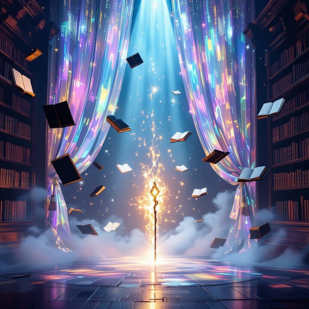 Ethereal Stage with Floating Books & Prospero's Staff