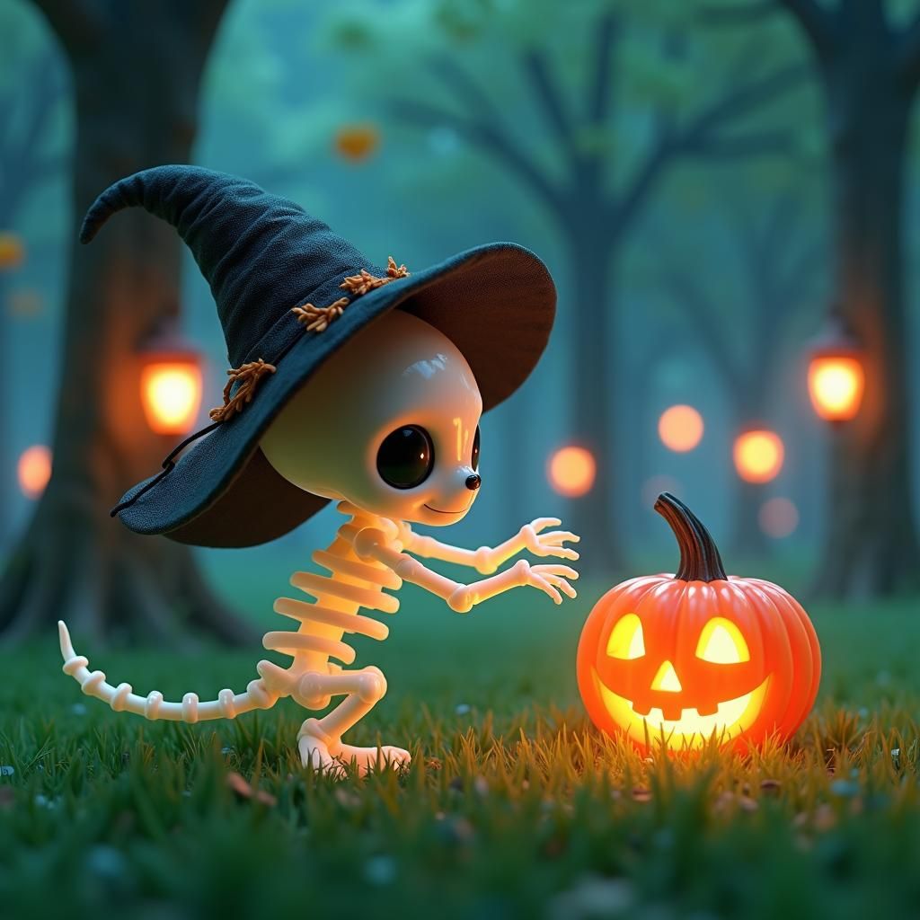 Skeletal Kitten Plays with Pumpkin in Neon Park