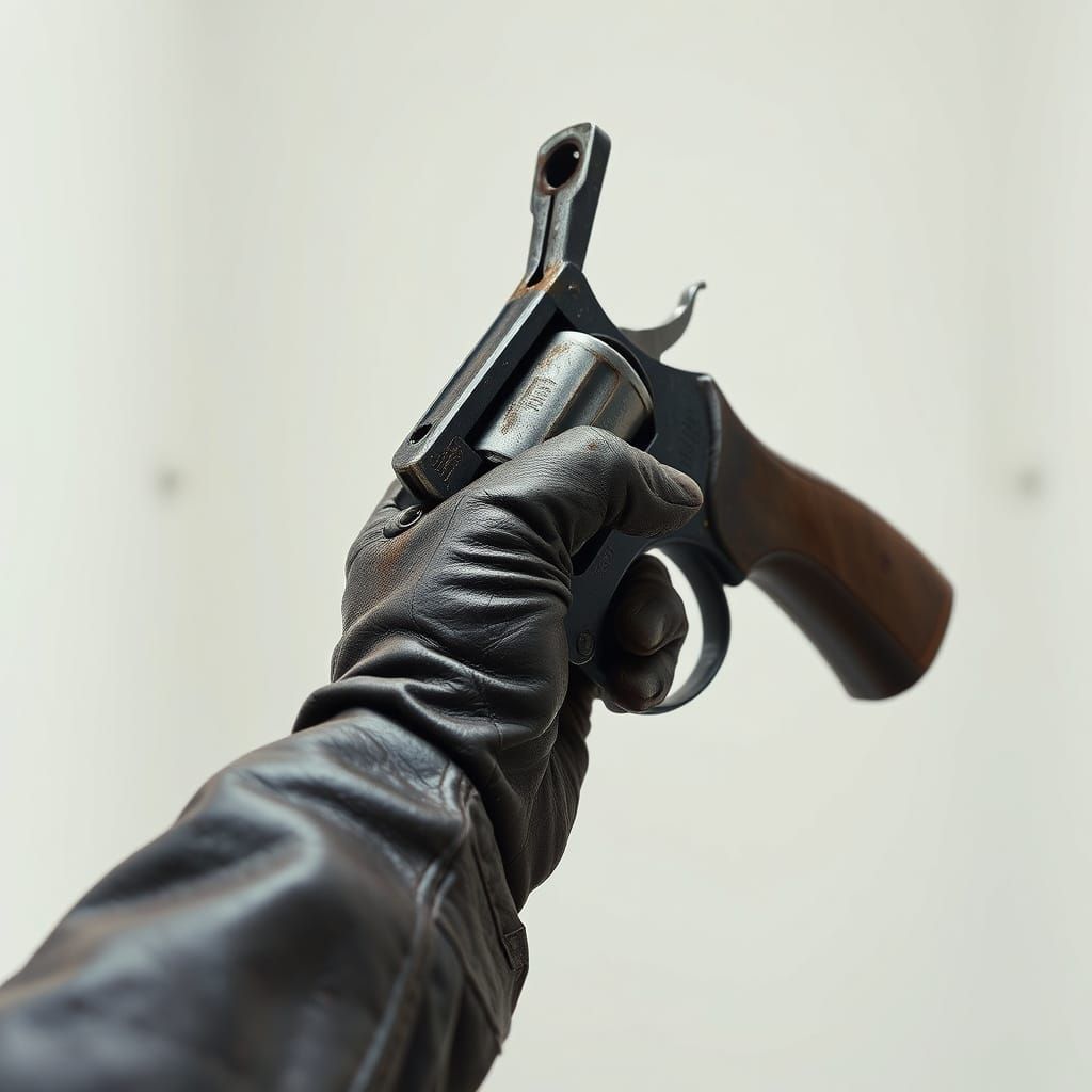 Dark Revolver in a White Room, in Gritty Realism Style