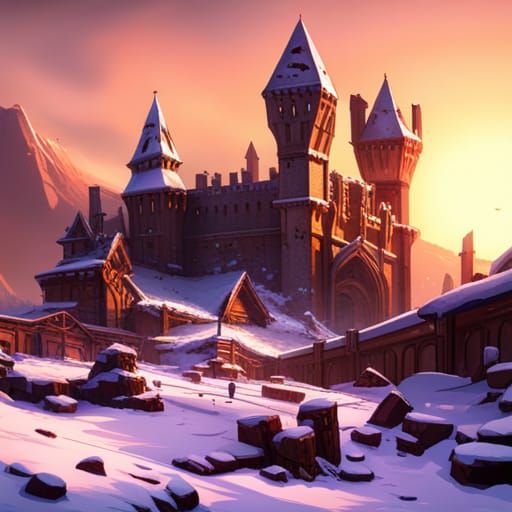 Snowy Medieval Castle Ruins: Hyperdetailed Digital Art
