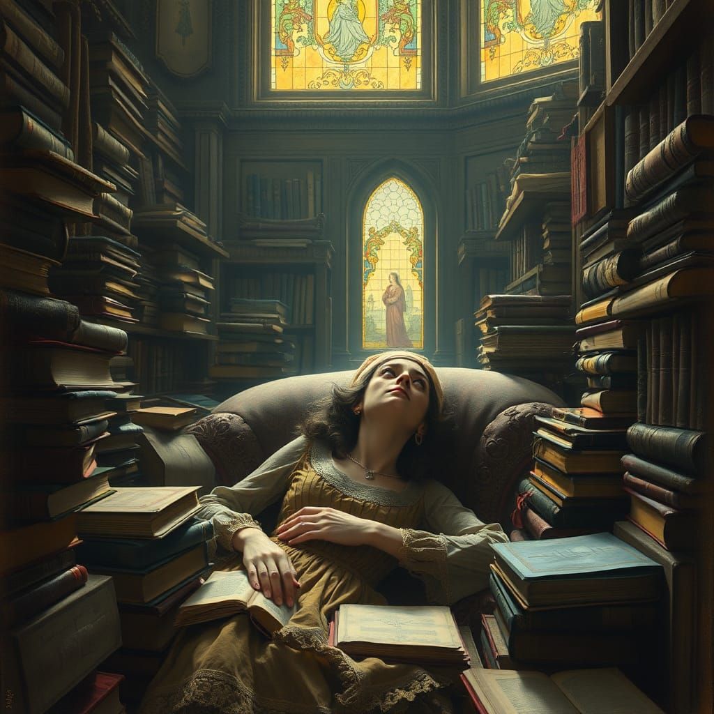 Victorian Lady in Surreal Library, Dreamlike Scene